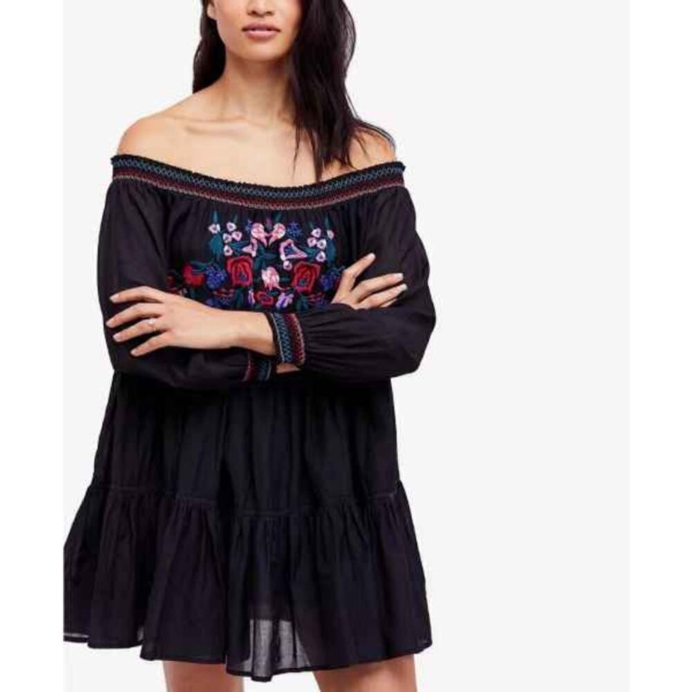 Free People Sunbeams Embroidered‎ Off-The-Shoulder Black Dress Size Medium